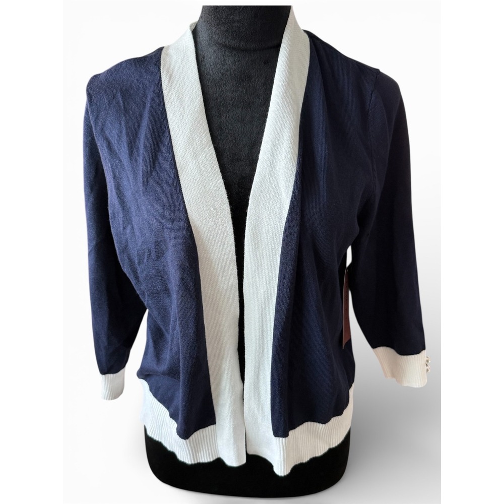 LOVE SCARLETT Womens Navy White Trim Cardigan Sweater M 3/4 Sleeve Open Front